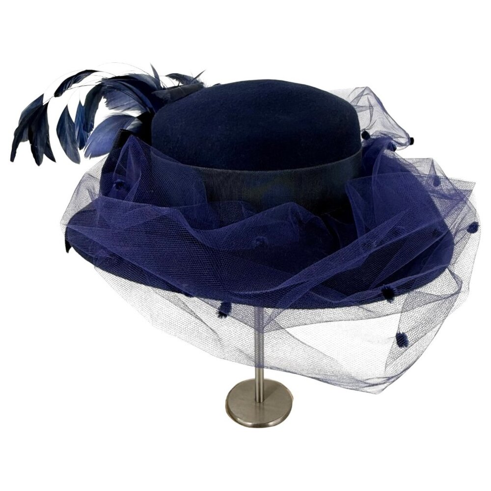 Vintage Womans Michael Howard Georgi Hat Wool Wide Brim Feather Veil Blue Church